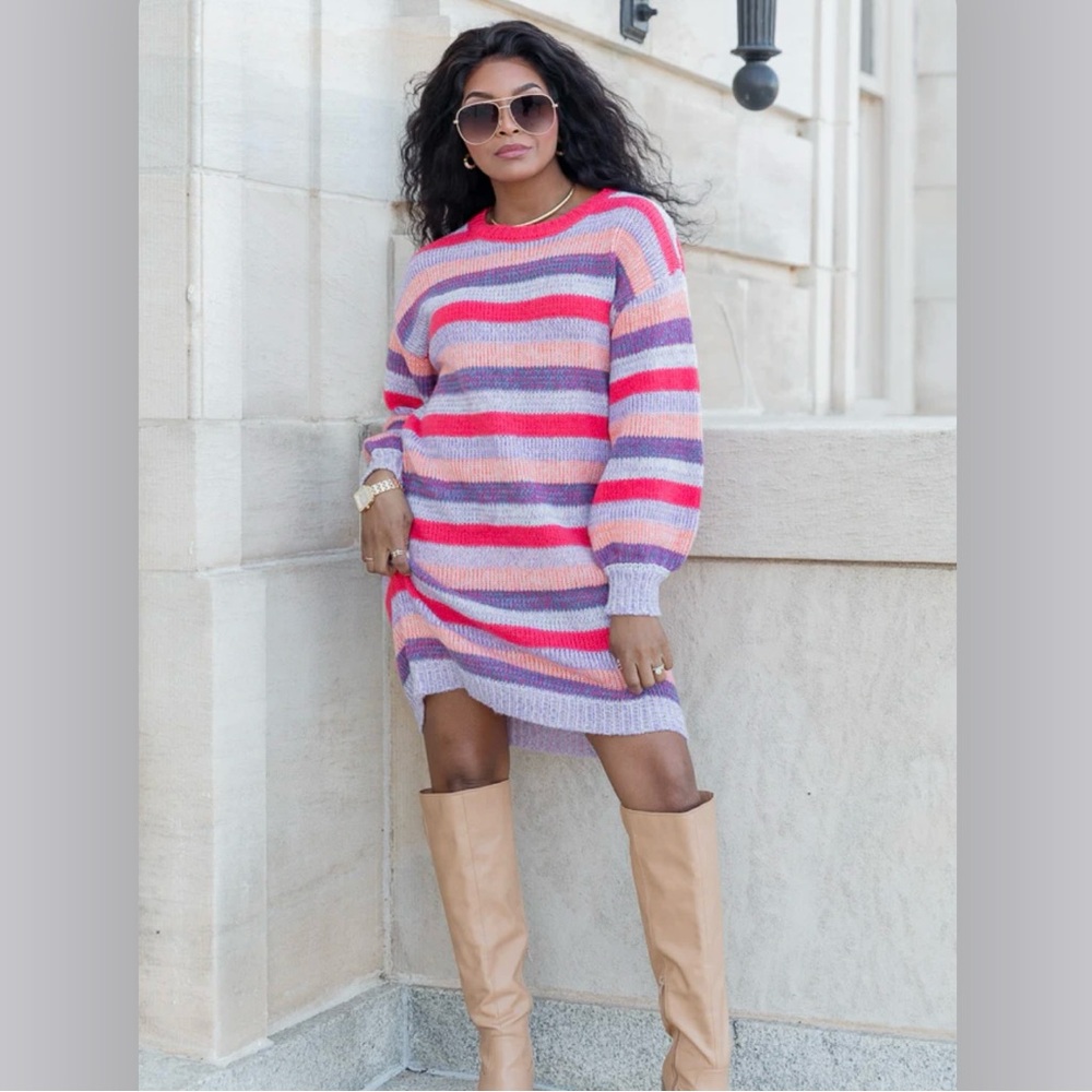 NEW Pink Lily Women’s Multi Color Striped Long Sleeve Sweater Dress Size Small